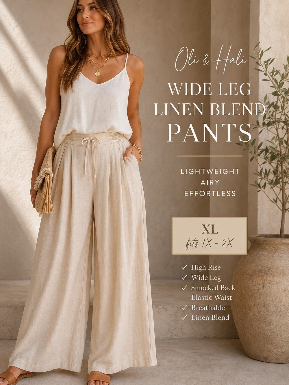 Oli & Hali XL Wide Leg Linen Blend Pants Boho High Rise Pull On Cream Beige Chic